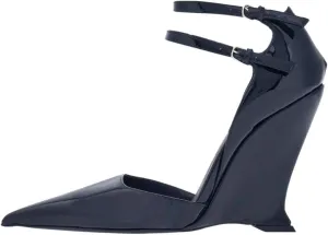 Pointed Closed Toe Wedge Heels for Women, Sexy Patent Leather Buckle Strap Office Dress Pumps Shoes
