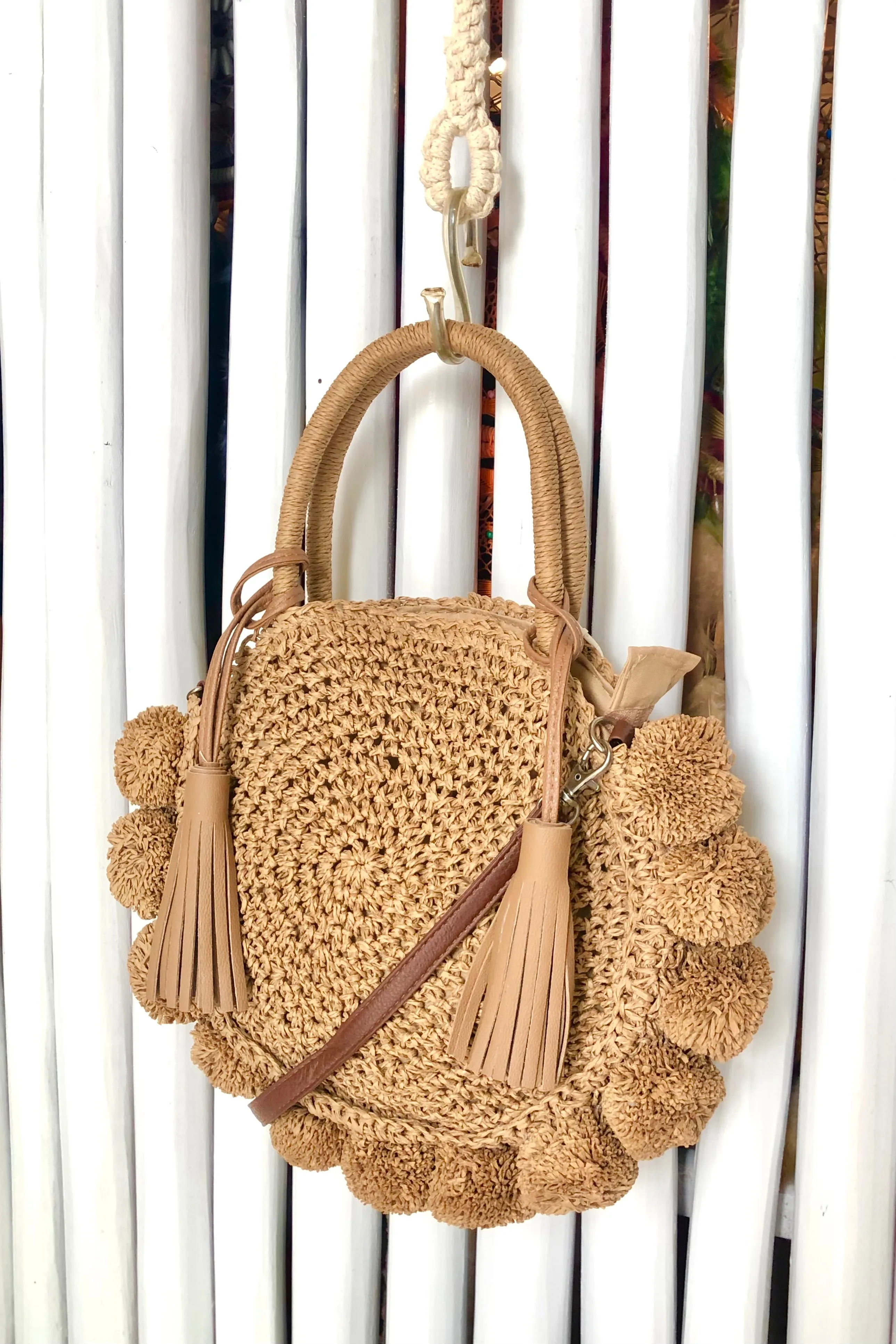 Pom Pom Round Crossbody Handle Bag