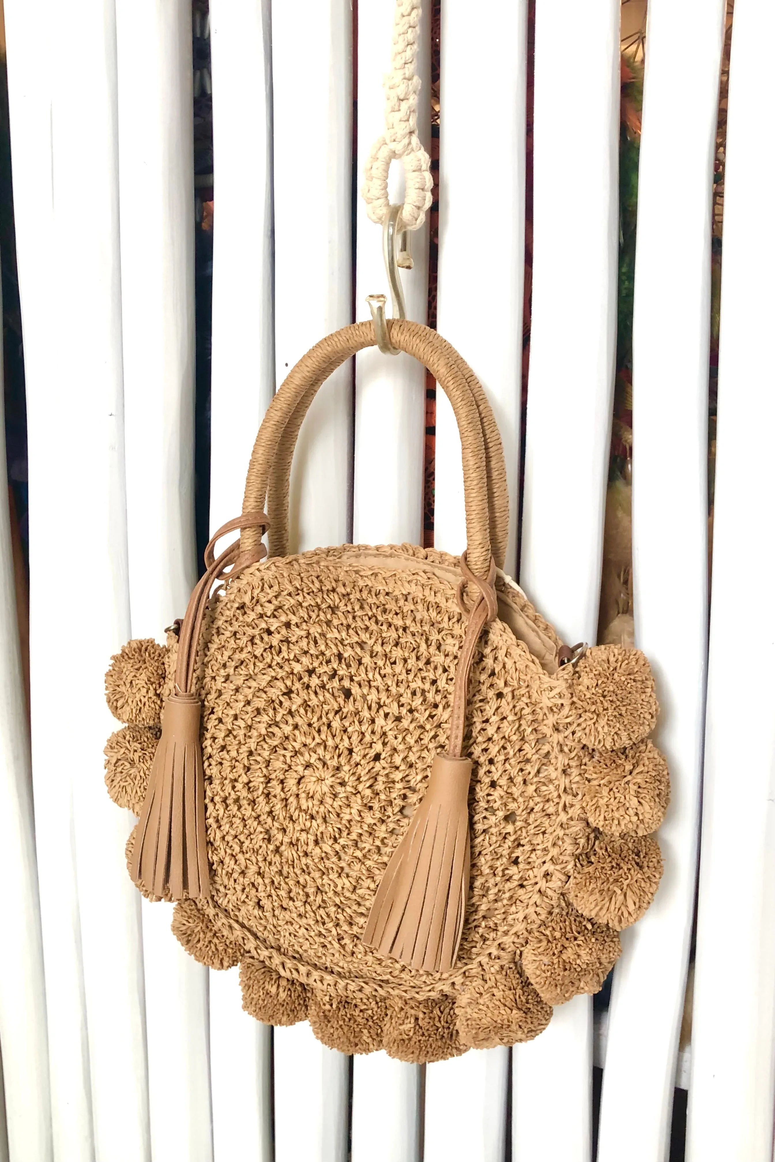Pom Pom Round Crossbody Handle Bag