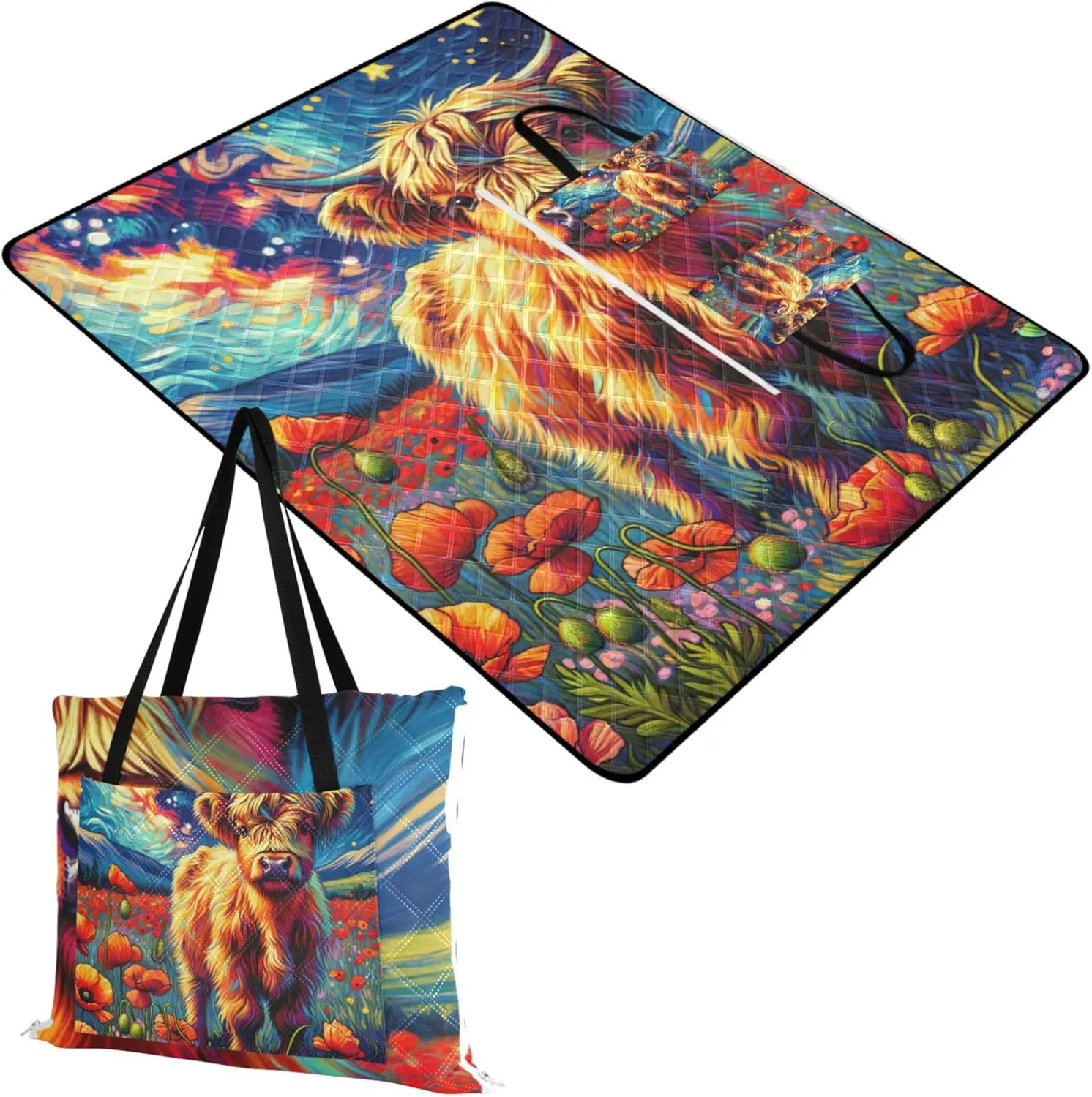 Poppy Flowers Highland Cow Sandproof Beach Blanket Waterproof, Outdoor Blankets for Grass Picnic Supplies Foldable Mat, 80" x 60"