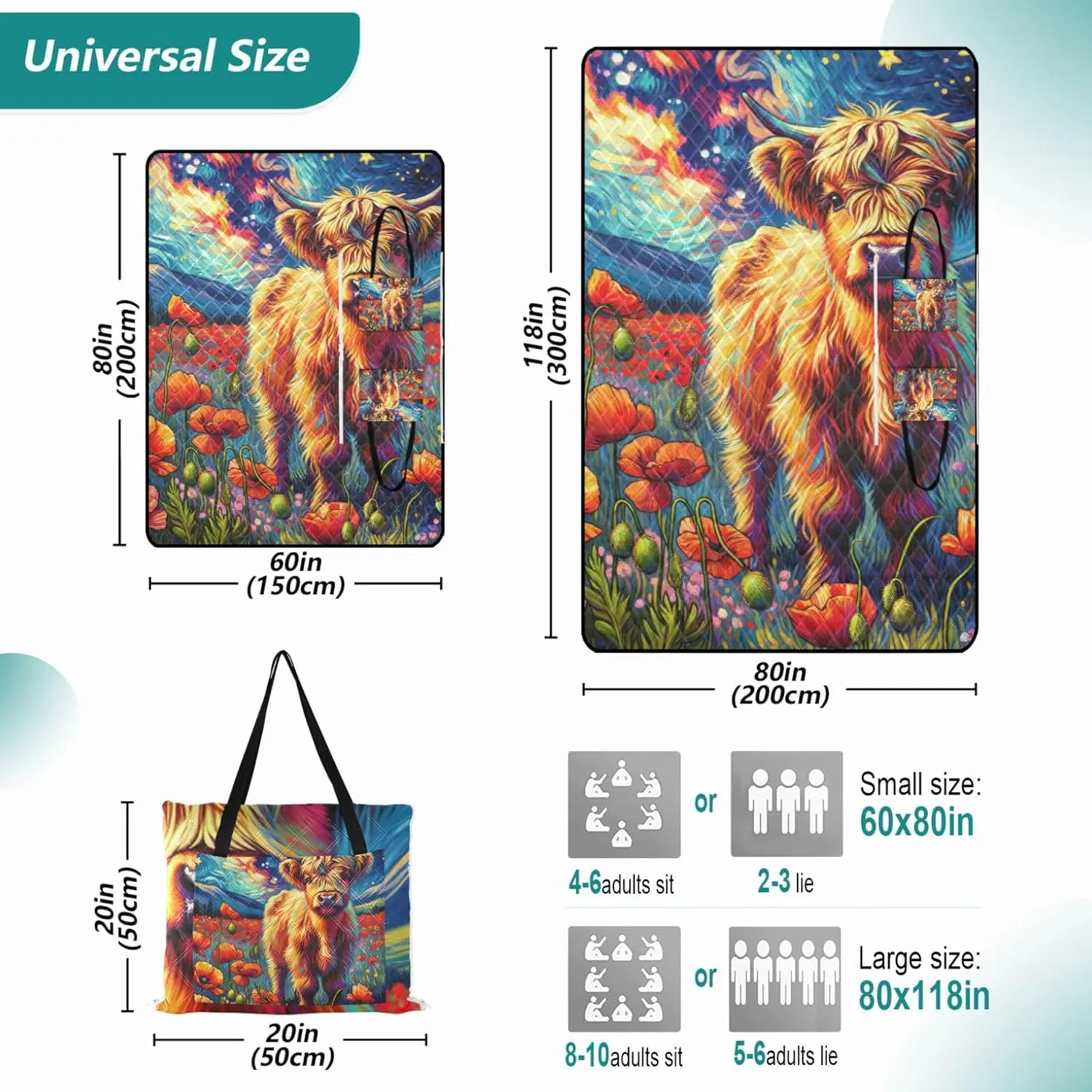 Poppy Flowers Highland Cow Sandproof Beach Blanket Waterproof, Outdoor Blankets for Grass Picnic Supplies Foldable Mat, 80" x 60"