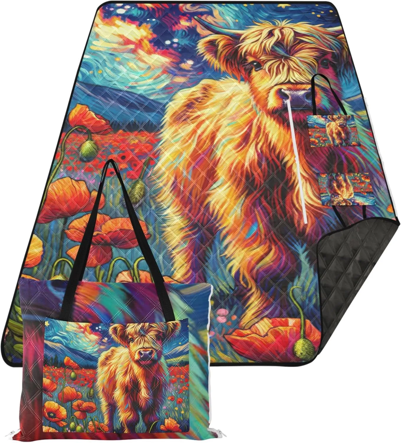 Poppy Flowers Highland Cow Sandproof Beach Blanket Waterproof, Outdoor Blankets for Grass Picnic Supplies Foldable Mat, 80" x 60"
