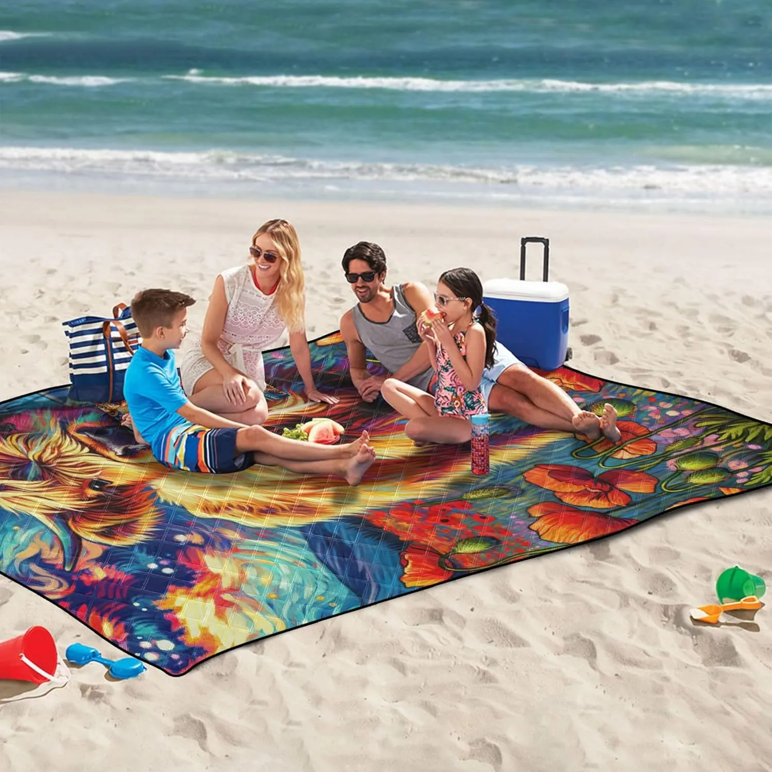 Poppy Flowers Highland Cow Sandproof Beach Blanket Waterproof, Outdoor Blankets for Grass Picnic Supplies Foldable Mat, 80" x 60"