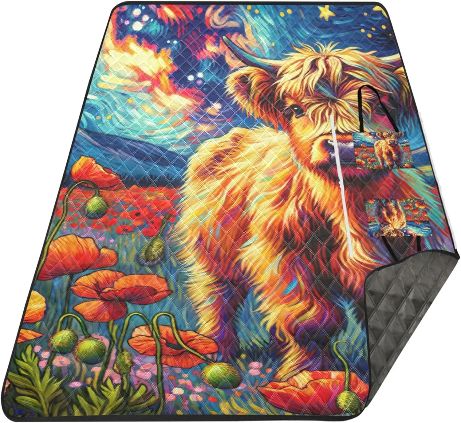Poppy Flowers Highland Cow Sandproof Beach Blanket Waterproof, Outdoor Blankets for Grass Picnic Supplies Foldable Mat, 80" x 60"