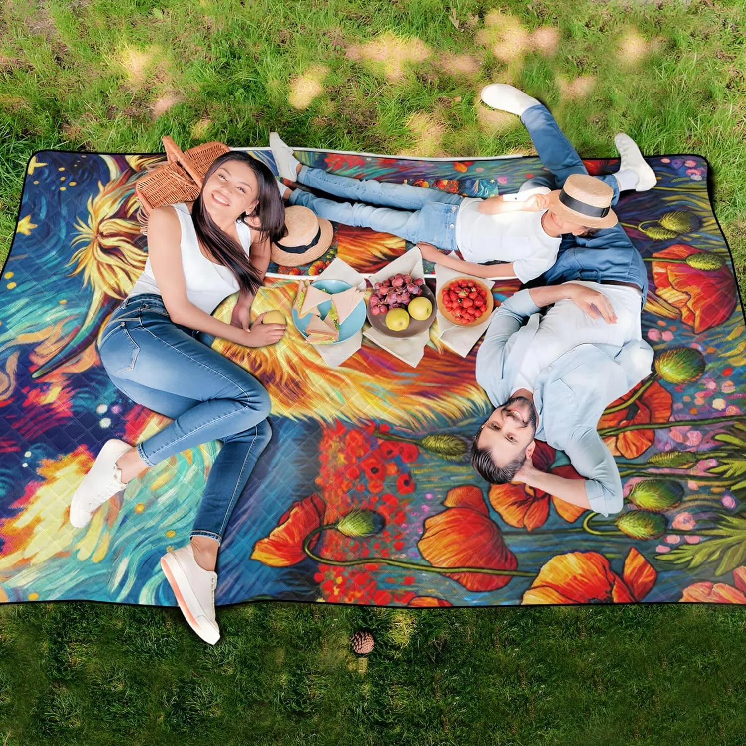 Poppy Flowers Highland Cow Sandproof Beach Blanket Waterproof, Outdoor Blankets for Grass Picnic Supplies Foldable Mat, 80" x 60"