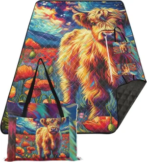 Poppy Flowers Highland Cow Sandproof Beach Blanket Waterproof, Outdoor Blankets for Grass Picnic Supplies Foldable Mat, 80" x 60"