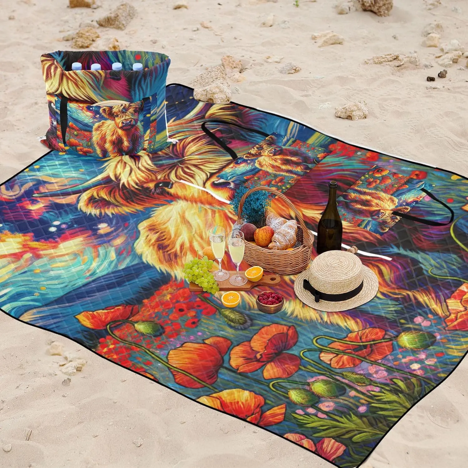 Poppy Flowers Highland Cow Sandproof Beach Blanket Waterproof, Outdoor Blankets for Grass Picnic Supplies Foldable Mat, 80" x 60"