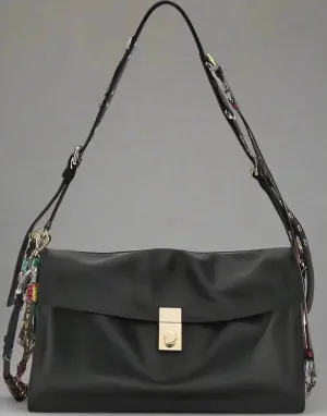 PRADA black leather Large Soft Sound Shoulder Bag with charms