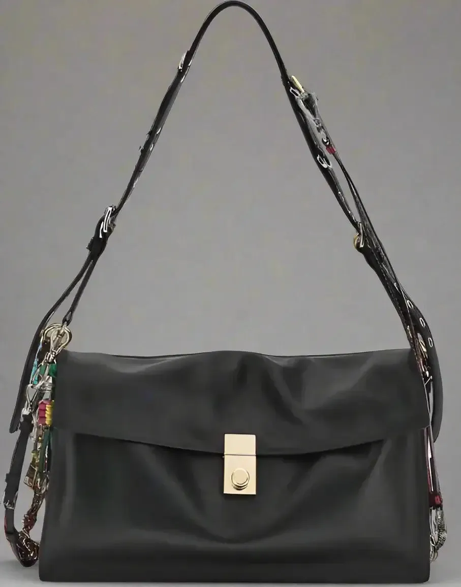 PRADA black leather Large Soft Sound Shoulder Bag with charms
