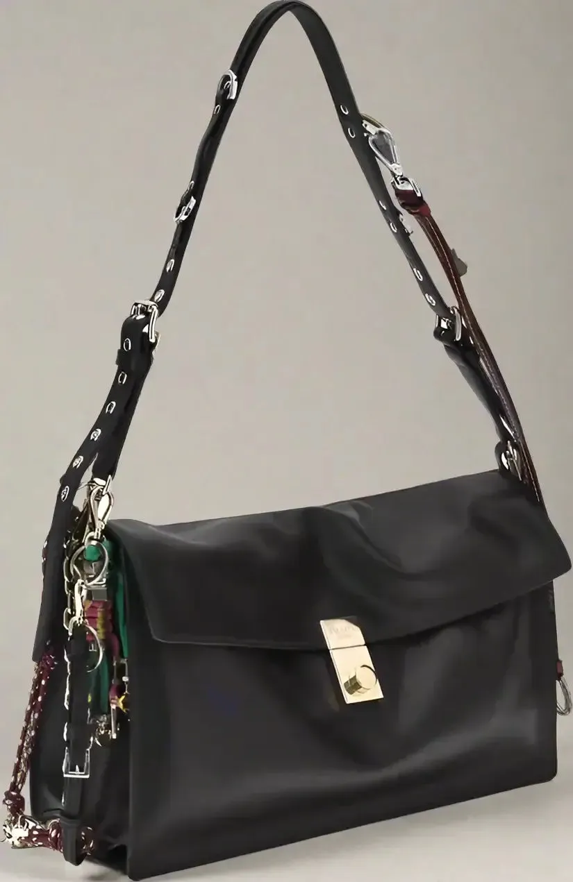 PRADA black leather Large Soft Sound Shoulder Bag with charms