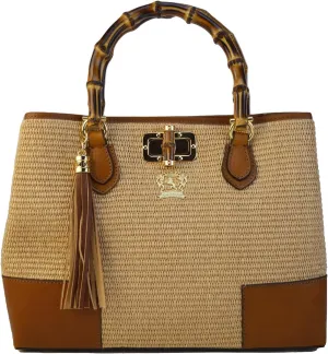 Pratesi Leather Bag for Women Sarteano Shoulder Bag Straw Hnd S291/PCE - Summer Cognac Made in Italy