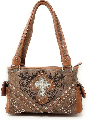 Premium Rhinestone Cross Western Embroidered Concealed Carry Handbag Purse in 6 colors