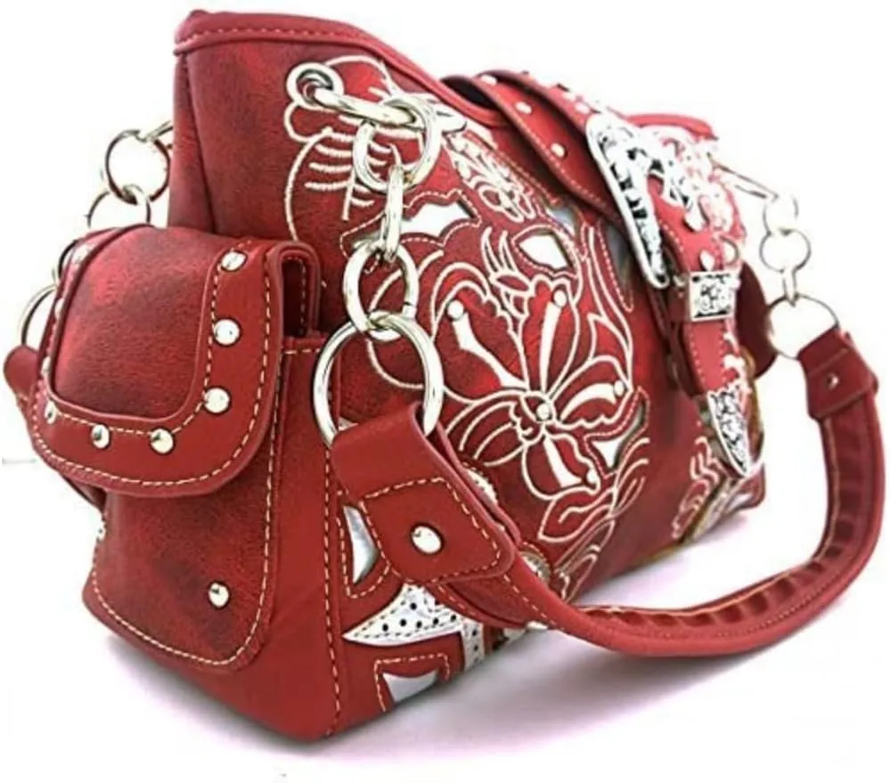 Premium Western Rhinestone Concealed Carry Buckle Floral Womens Shoulder Handbag Purse in Multi Color
