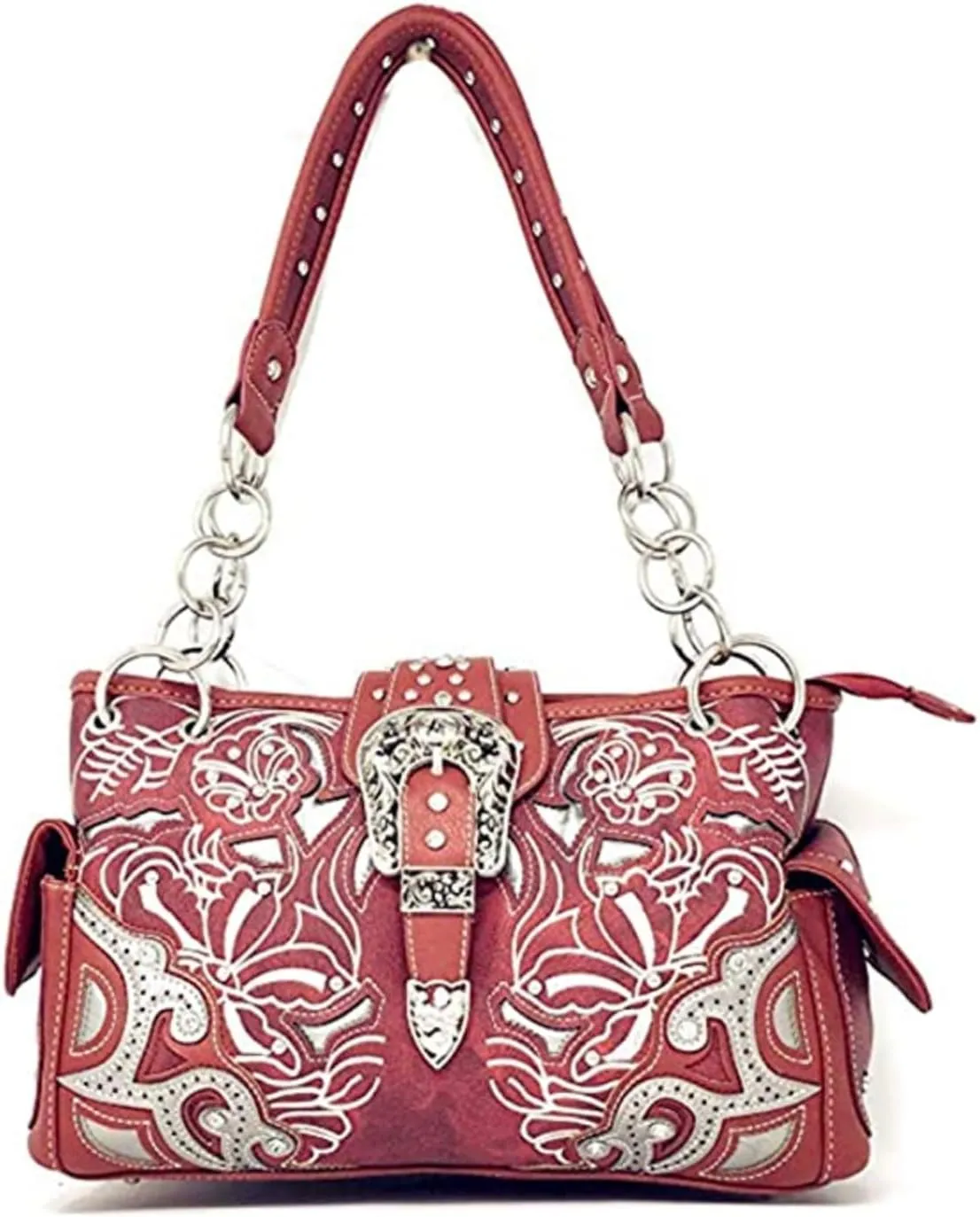 Premium Western Rhinestone Concealed Carry Buckle Floral Womens Shoulder Handbag Purse in Multi Color