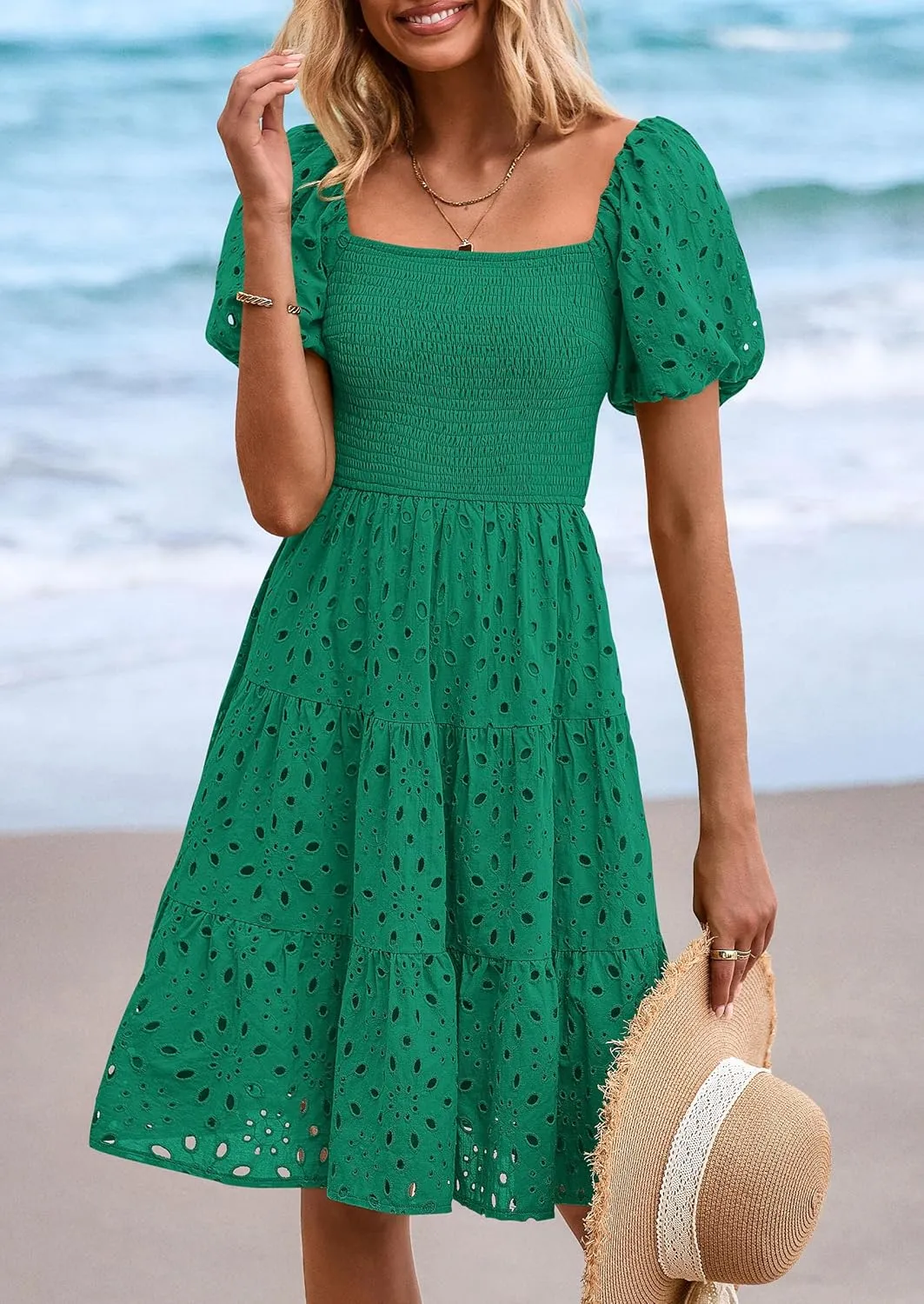 PRETTYGARDEN Womens Summer Puff Sleeve Mini Dress Off Shoulder Eyelet Smocked A Line Casual Babydoll Short Dresses