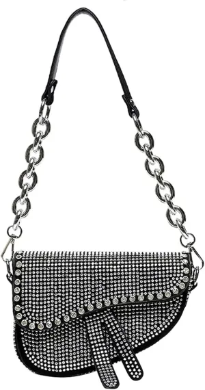 PURFANREE Women Studded Saddle Shoulder Bag Shining Rhinestone Clutch Purse Underarm Handbag Satchel Rivet Crossbody Bag