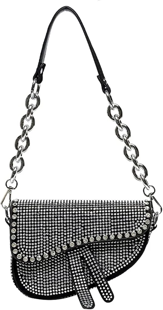 PURFANREE Women Studded Saddle Shoulder Bag Shining Rhinestone Clutch Purse Underarm Handbag Satchel Rivet Crossbody Bag