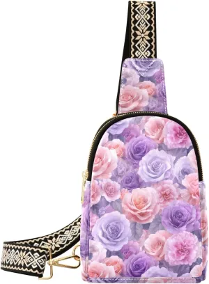 Purple Pink Rose Stylish PU Leather Waist Pack Soft Waterproof Crossbody Bag with Metal Hardware Fits Keys Phone Passport for Work Walks Music Fests & Trips