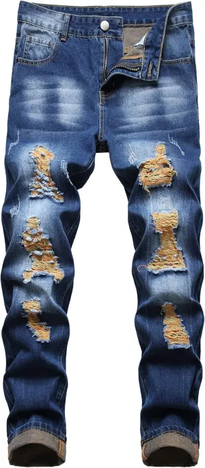 QIMYUM Mens Ripped Jeans, Distressed Destroyed Slim Fit Straight Leg Denim Pants