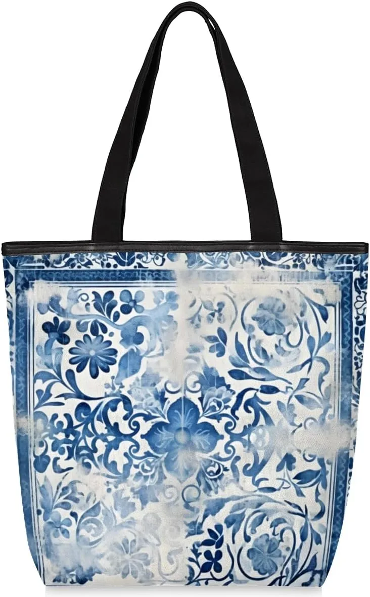 QsirBC Abstractions Decor Pattern Canvas Tote Bag for Women Reusable Shoulder Totebag Pocket Zipper Casual Handbag
