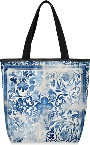 QsirBC Abstractions Decor Pattern Canvas Tote Bag for Women Reusable Shoulder Totebag Pocket Zipper Casual Handbag