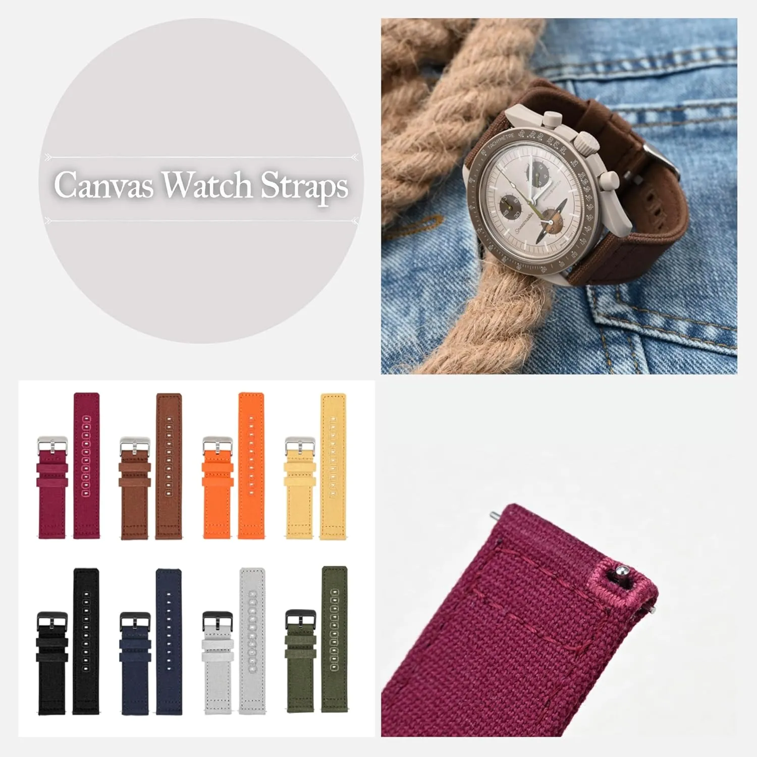 Quick Release Canvas Straps For Omega Watches, Replacement Canvas Nylon Watch Band For Breitling Watches, Canvas Watch Band 18mm, 19mm, 20mm, 22mm,24mm