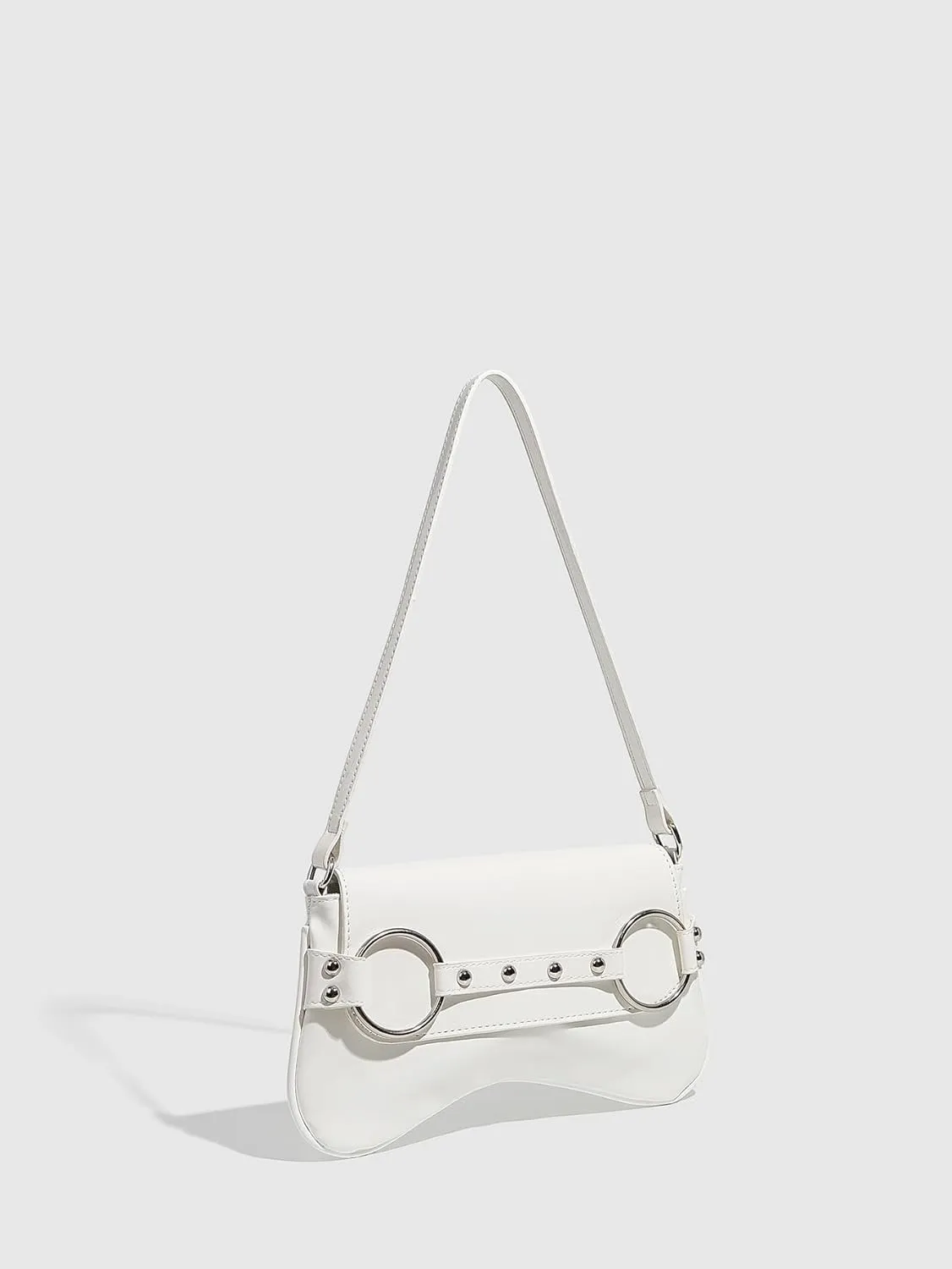 QWINEE Women's Metal Studded Shoulder Handbag Flap Magnet Faux Leather Underarm Purse