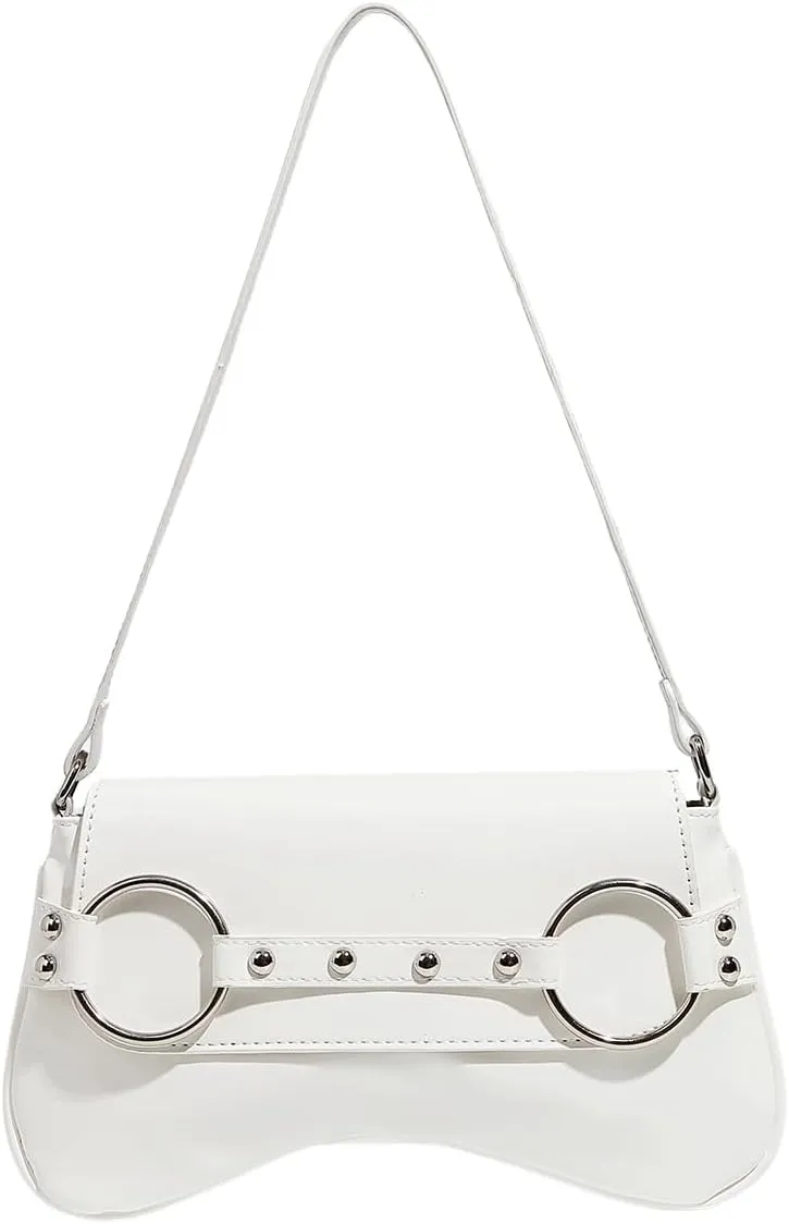 QWINEE Women's Metal Studded Shoulder Handbag Flap Magnet Faux Leather Underarm Purse
