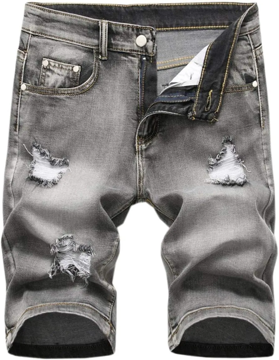 QZH.DUAO Men's Ripped Denim Shorts & Jeans Summer Casual Classic Straight Distressed Ripped Short Jeans
