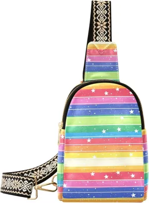 Rainbow Star Mini Crossbody Bag with Full-Print PU Leather Fashion Waist Pack with Adjustable Strap & Card Holder Great for Hiking Fishing Beach Travel & More