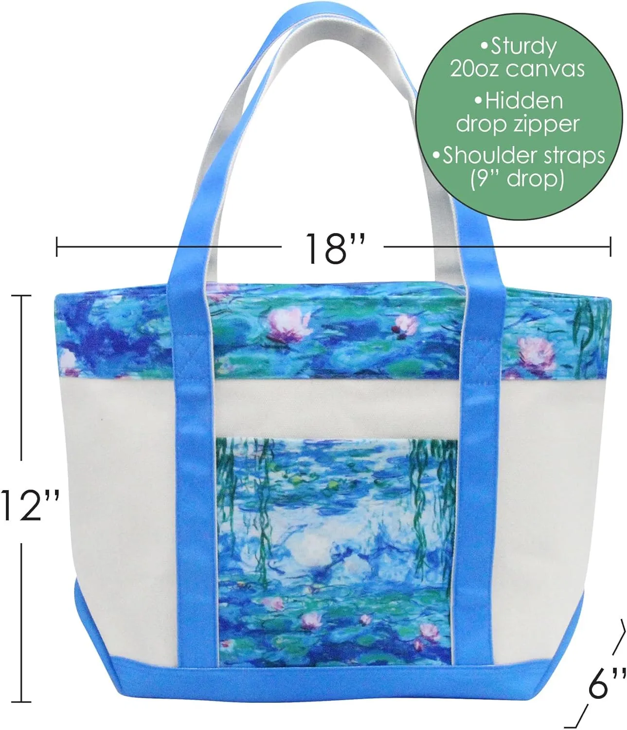 RainCaper Fine Art Large Cotton Canvas Tote Bag Roomy Heavy Duty Sturdy Boat Bag Zippered Top Lots of Pockets Shoulder Straps