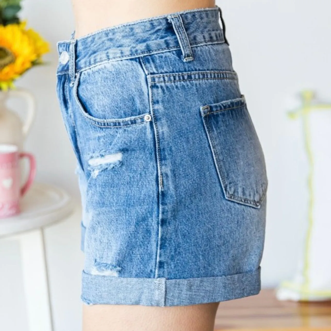 Reach For Me Distressed Roll Up Denim Shorts