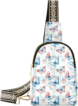 Red Blue Butterfly Mini Crossbody Bag with Full-Print PU Leather Fashion Waist Pack with Adjustable Strap & Card Holder Great for Hiking Fishing Beach Travel & More
