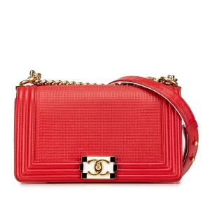 Red Chanel Medium Embossed Lambskin Cube Boy Flap Crossbody Bag
