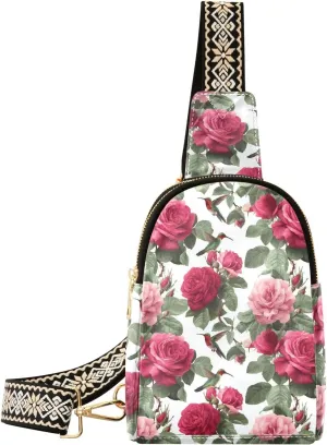 Red Rose Bird Full-Print Leather Fashion Waist Pack Small Crossbody Bag with Card Slots & Adjustable Strap for Biking Shopping Hiking Running & Casual Outings