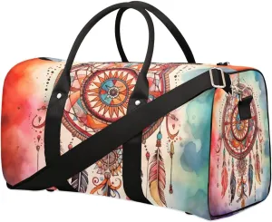 Retro Dream Catcher Feather Travel Duffel Bag for Women Men Waterproof Foldable Overnight Weekender Bag Large Capacity Sports Gym Bag