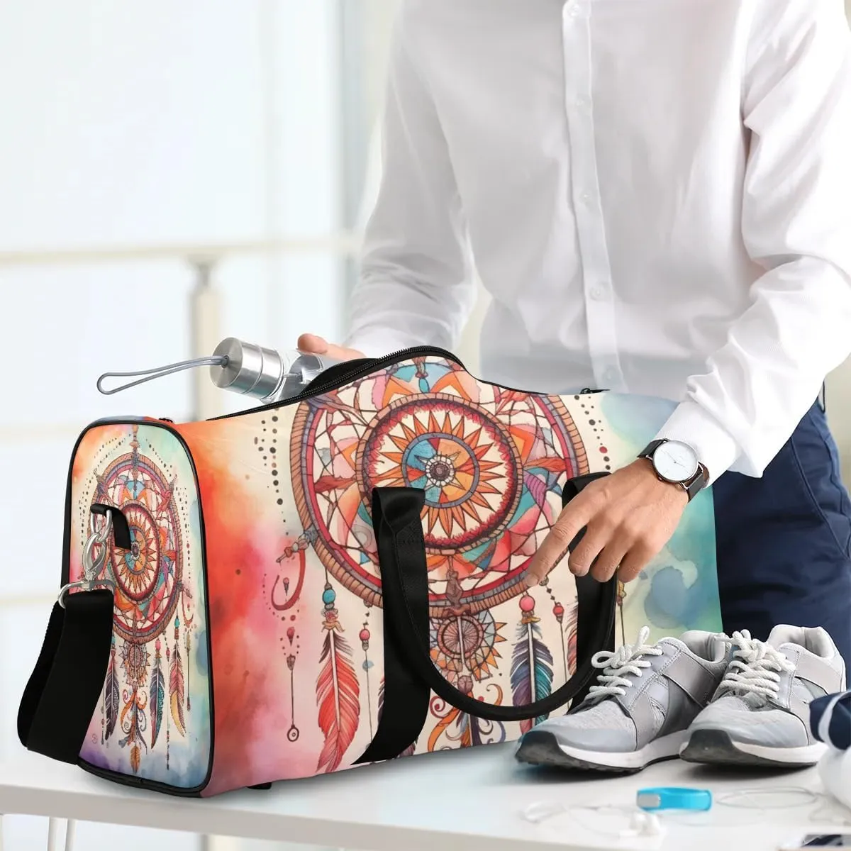 Retro Dream Catcher Feather Travel Duffel Bag for Women Men Waterproof Foldable Overnight Weekender Bag Large Capacity Sports Gym Bag