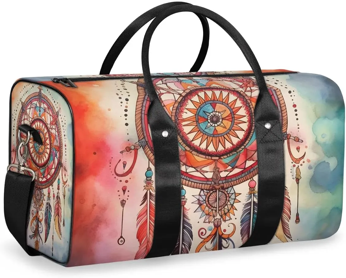 Retro Dream Catcher Feather Travel Duffel Bag for Women Men Waterproof Foldable Overnight Weekender Bag Large Capacity Sports Gym Bag