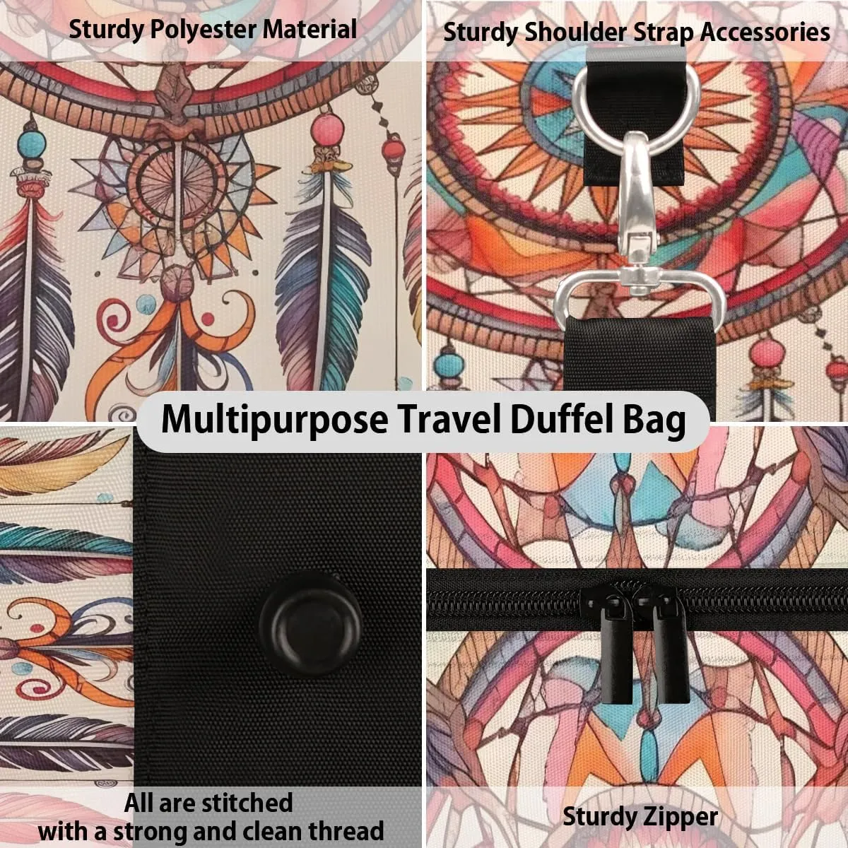 Retro Dream Catcher Feather Travel Duffel Bag for Women Men Waterproof Foldable Overnight Weekender Bag Large Capacity Sports Gym Bag