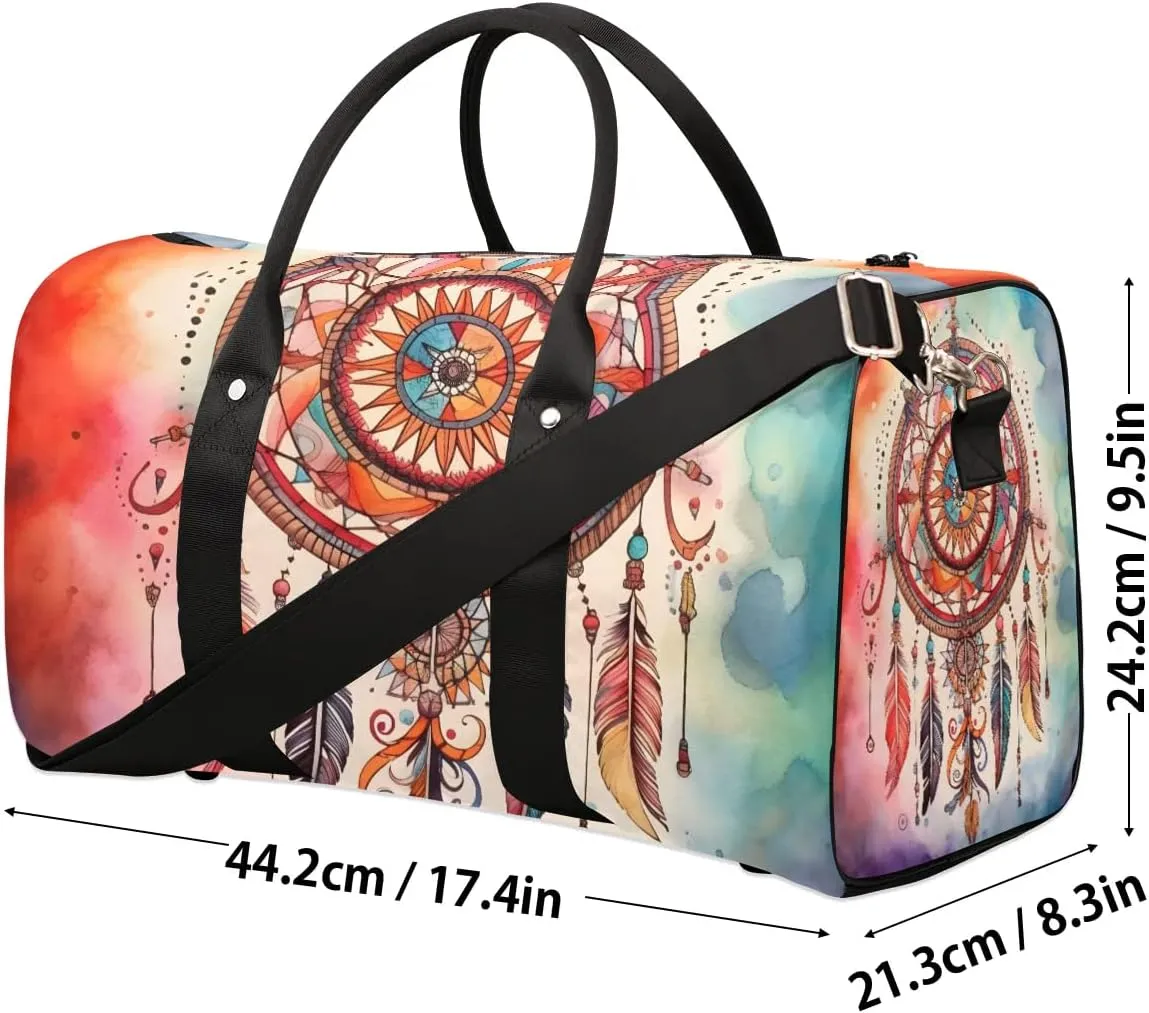 Retro Dream Catcher Feather Travel Duffel Bag for Women Men Waterproof Foldable Overnight Weekender Bag Large Capacity Sports Gym Bag