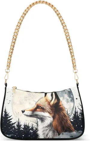 Retro Fox Shoulder Handbags for Women Travel Hobo Tote Handbag Women Gold Chain Shoulder Bags Purse with Zipper Closure