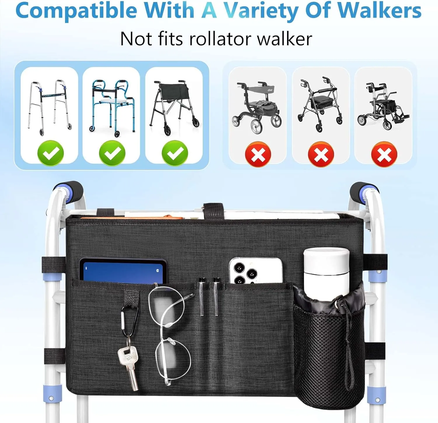 Rhino Valley Walker Bag, Multi Pockets Folding Walker Basket Tote Bag with Cup Holder, Hand-free Carry Pouch Storage Bag for Universal Walkers, Large Capacity Organizer for Seniors Elderly, Black