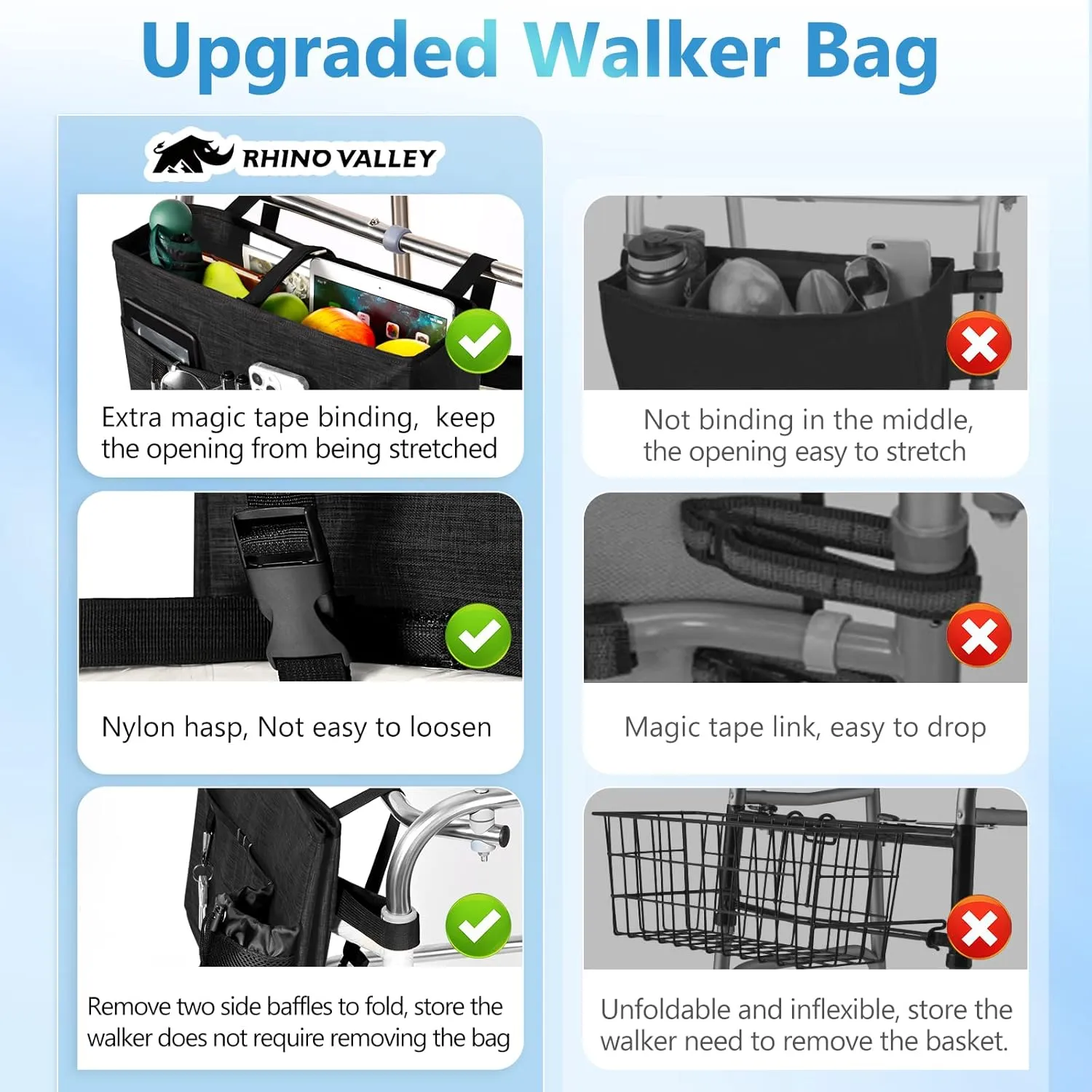 Rhino Valley Walker Bag, Multi Pockets Folding Walker Basket Tote Bag with Cup Holder, Hand-free Carry Pouch Storage Bag for Universal Walkers, Large Capacity Organizer for Seniors Elderly, Black