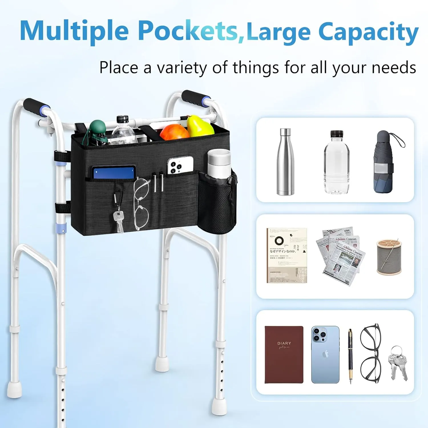 Rhino Valley Walker Bag, Multi Pockets Folding Walker Basket Tote Bag with Cup Holder, Hand-free Carry Pouch Storage Bag for Universal Walkers, Large Capacity Organizer for Seniors Elderly, Black