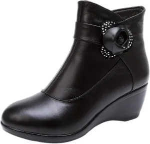rismart Women's Leather Fur Lined Ankle Boots Black Short Wedge Bootie