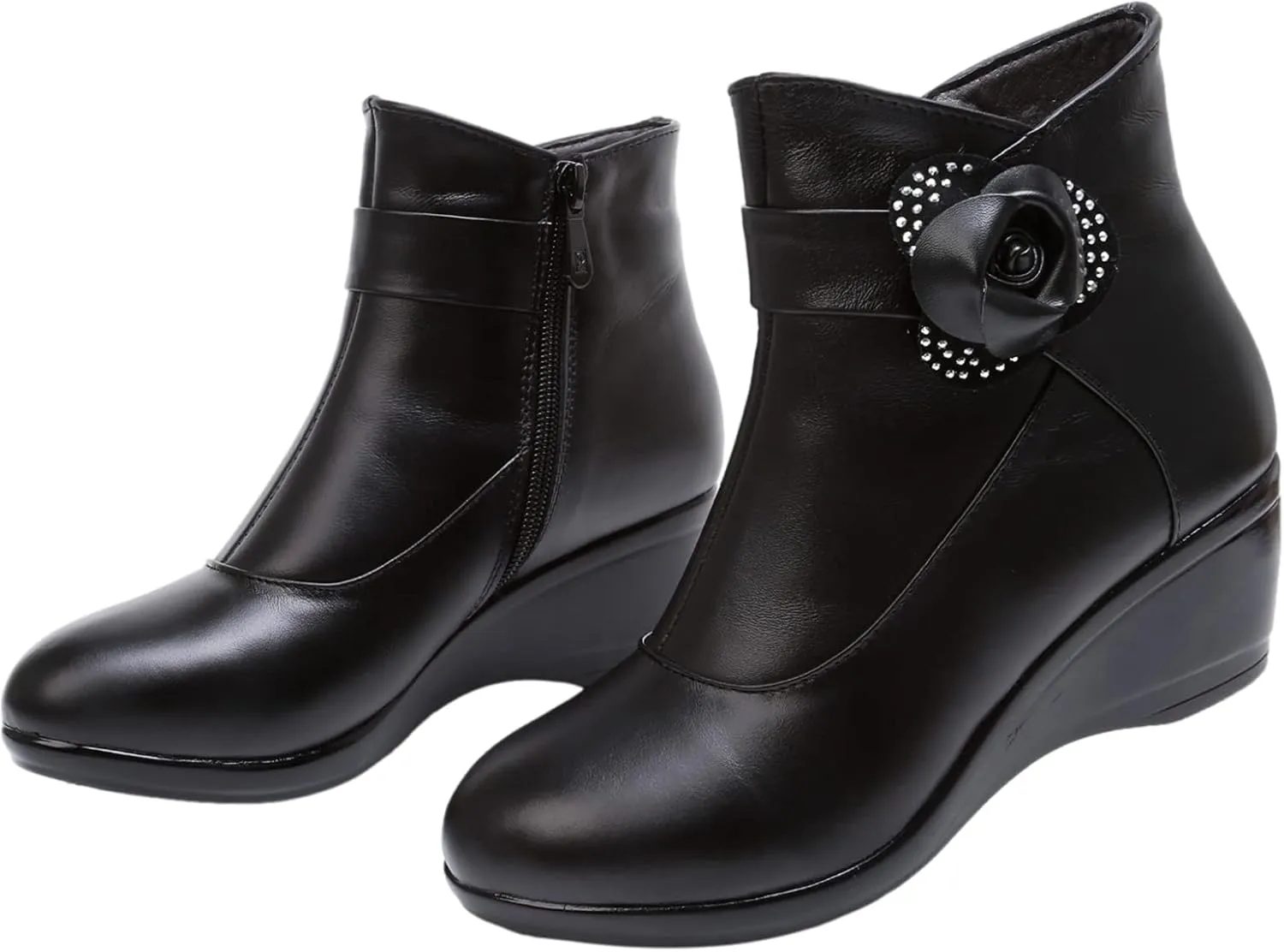 rismart Women's Leather Fur Lined Ankle Boots Black Short Wedge Bootie