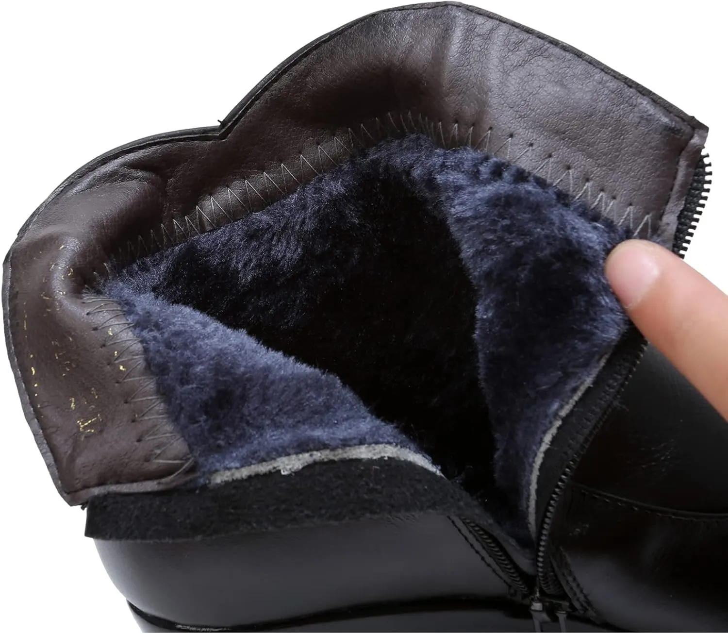rismart Women's Leather Fur Lined Ankle Boots Black Short Wedge Bootie
