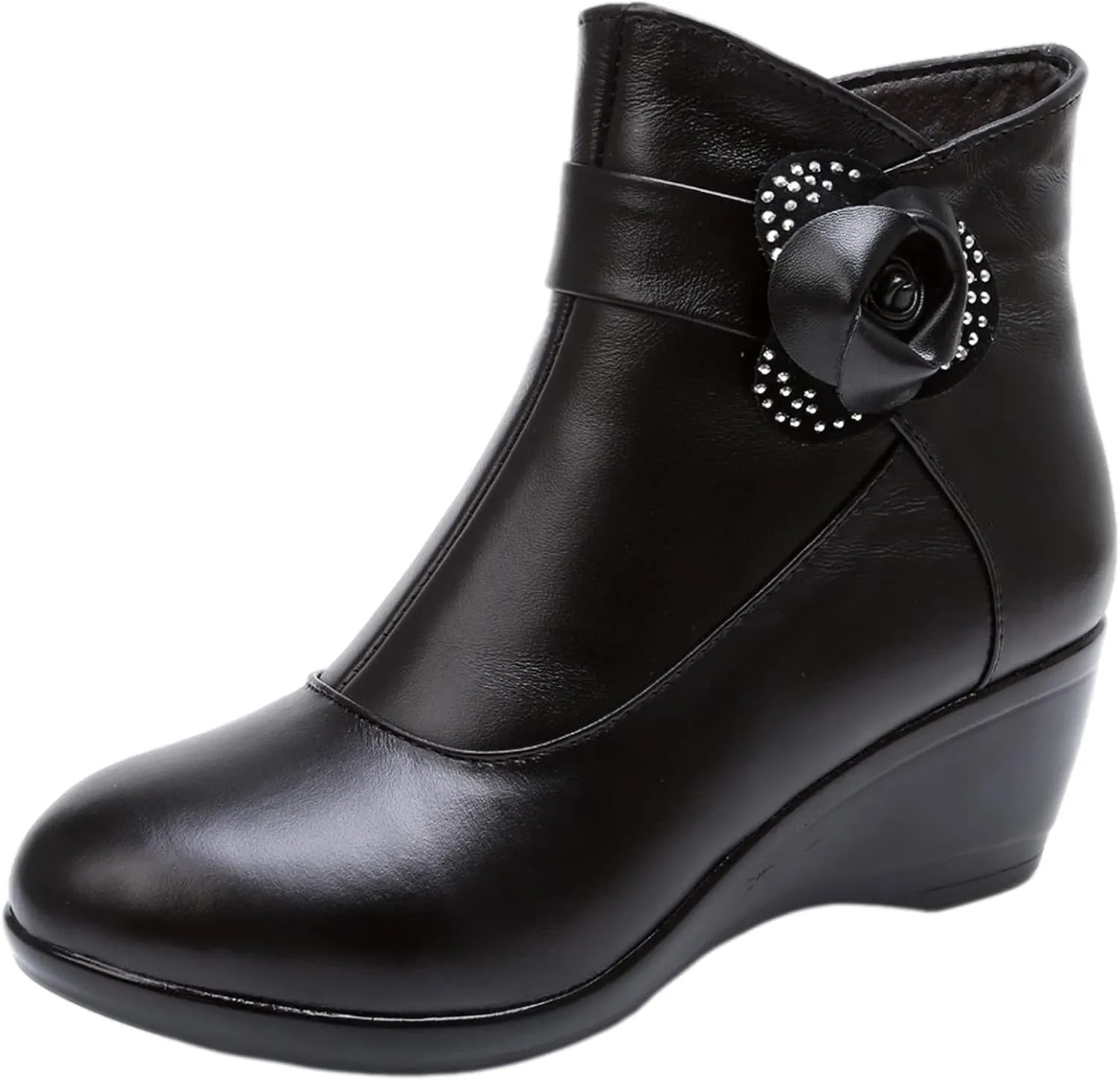 rismart Women's Leather Fur Lined Ankle Boots Black Short Wedge Bootie