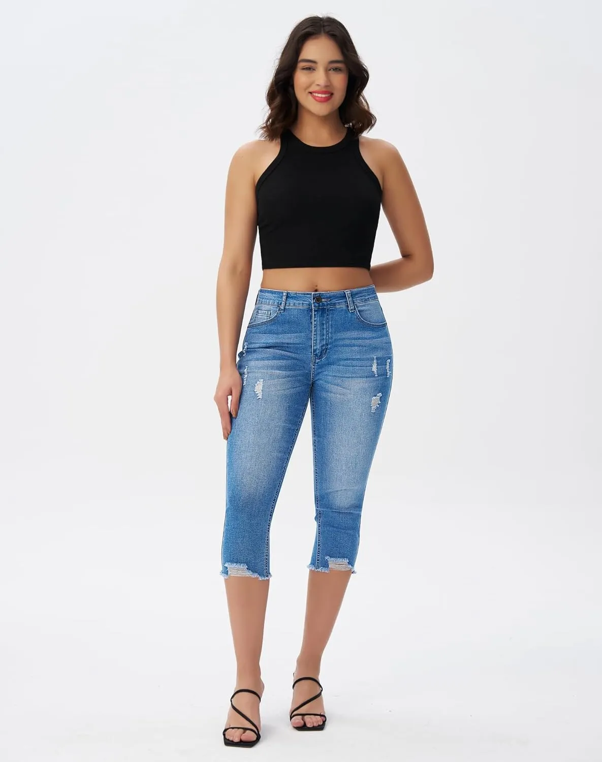 roswear Women's Capri Pants Mid Rise Skinny Ripped Stretchy Cropped Distressed Jeans