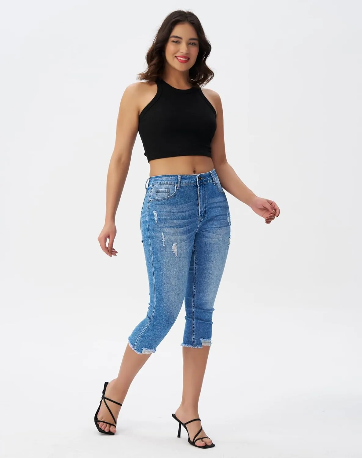 roswear Women's Capri Pants Mid Rise Skinny Ripped Stretchy Cropped Distressed Jeans